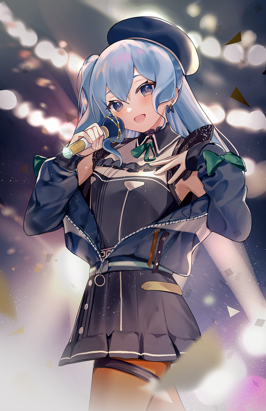 1girl :d beret black_choker black_dress black_headwear blue_eyes blue_hair blue_headwear blue_jacket blush bow bow_earrings breasts choker collared_dress commentary cowboy_shot dress earrings hat highres holding holding_microphone hololive hoshimachi_suisei idol jacket jewelry lace lace_choker lace_sleeves long_hair looking_at_viewer microphone music neck_ribbon off_shoulder one_side_up open_clothes open_jacket orange_pantyhose pantyhose ribbon short_dress short_sleeves singing small_breasts smile solo star_(symbol) star_in_eye symbol_in_eye thigh_strap virtual_youtuber xoaiu