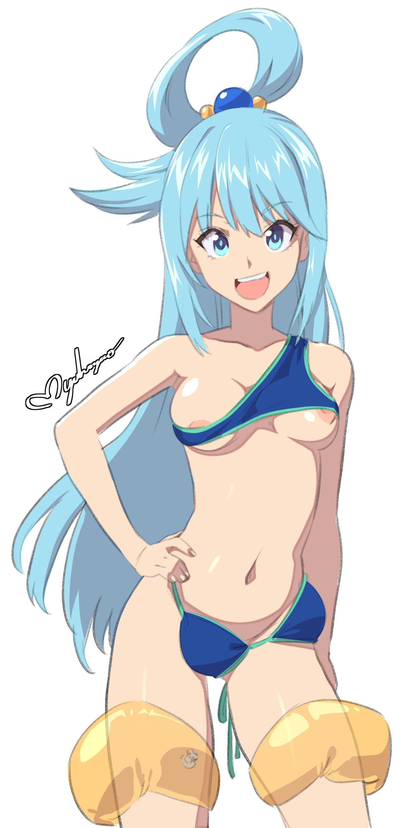 1girl absurdres aqua_(konosuba) bikini blue_bikini blue_eyes blue_hair breasts contrapposto cowboy_shot hair_rings hand_on_hip highres inflatable_armbands kono_subarashii_sekai_ni_shukufuku_wo! medium_breasts myahogao navel nipples open_mouth signature smile solo swimsuit wardrobe_error you're_doing_it_wrong