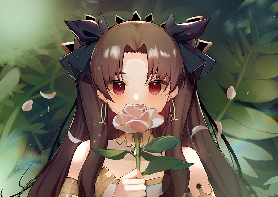 1girl armlet black_ribbon blue_skirt brown_hair commentary earrings fate/grand_order fate_(series) flower hair_flower hair_ornament hair_ribbon headpiece ishtar_(fate) jewelry long_hair looking_at_viewer neck_ribbon red_eyes ribbon skirt solo strapless tiara tube_top two_side_up upper_body xoaiu