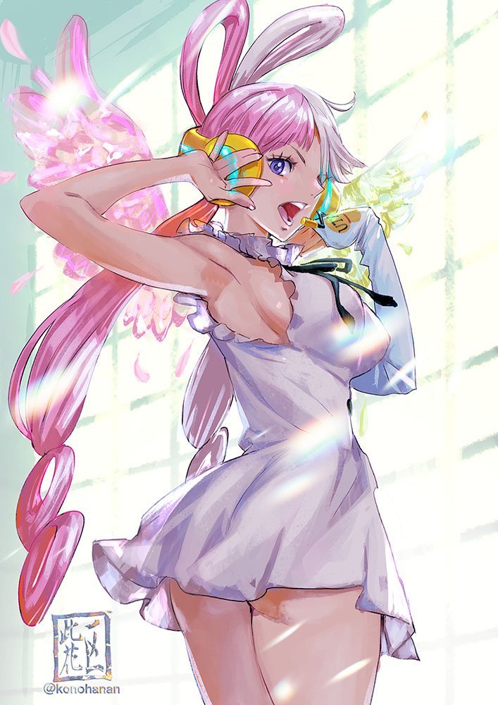 1girl arm_up armpits artist_logo ass bare_arms bare_shoulders breasts cowboy_shot dress elbow_gloves fingerless_gloves from_behind gloves hair_rings hand_up headphones headset indoors konohana light_rays long_hair looking_at_viewer looking_back microdress multicolored_hair neck_ribbon one_piece one_piece:_film_red open_mouth pink_hair pose purple_eyes ribbon sideboob single_elbow_glove single_glove sleeveless sleeveless_dress solo split-color_hair twintails twisted_torso twitter_username two-tone_hair underbutt uta_(one_piece) very_long_hair white_hair window wings
