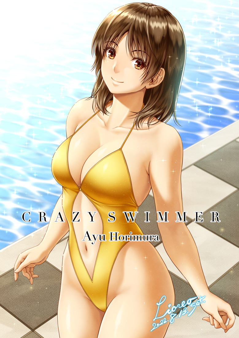 1girl breasts casual_one-piece_swimsuit checkered_floor cleavage clothing_cutout collarbone commentary_request cowboy_shot highleg highleg_swimsuit large_breasts lioreo looking_at_viewer navel navel_cutout one-piece_swimsuit original pool poolside solo standing swimsuit water yellow_swimsuit