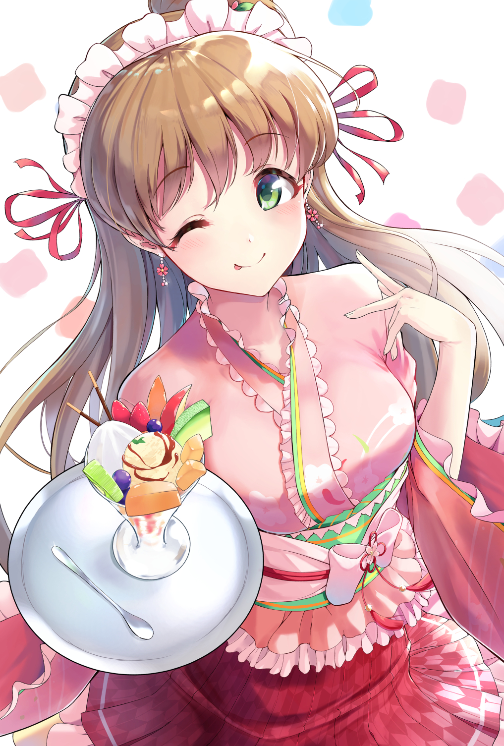 1girl ;p blush breasts brown_hair different green_eyes highres holding holding_tray idolmaster idolmaster_cinderella_girls japanese_clothes kimono looking_at_viewer maid_headdress makihara_shiho medium_breasts obi one_eye_closed one_side_up parfait pink_kimono sash simple_background smile solo spoon tongue tongue_out tray v wa_maid wide_sleeves