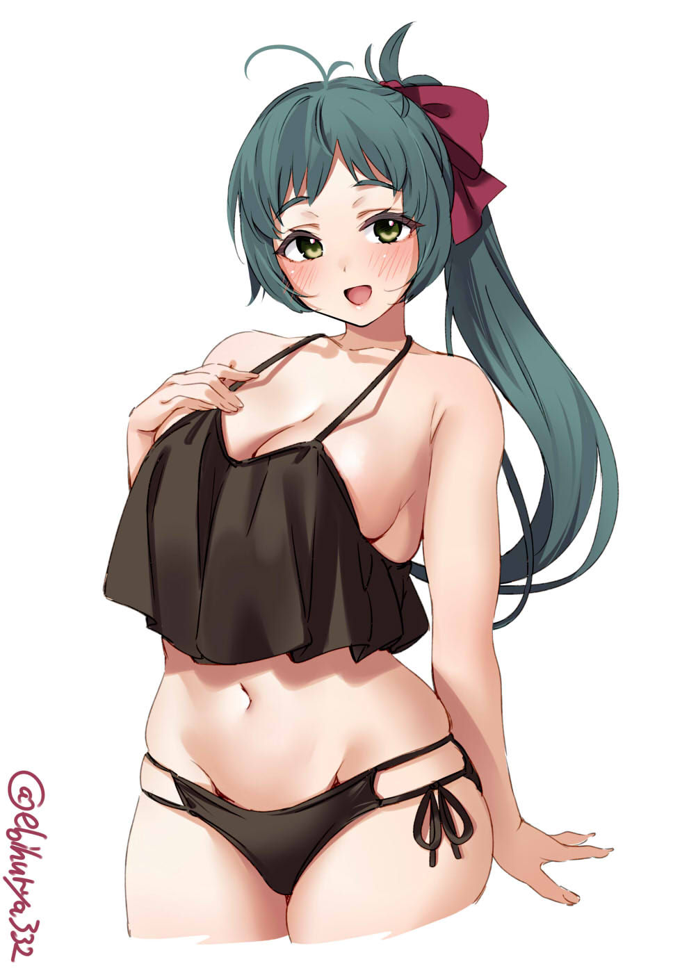 1girl ahoge alternate_costume bikini breasts cleavage cropped_legs ebifurya green_eyes green_hair highres irako_(kancolle) kantai_collection large_breasts looking_at_viewer navel ponytail side-tie_bottom sideboob simple_background smile solo swimsuit twitter_username white_background