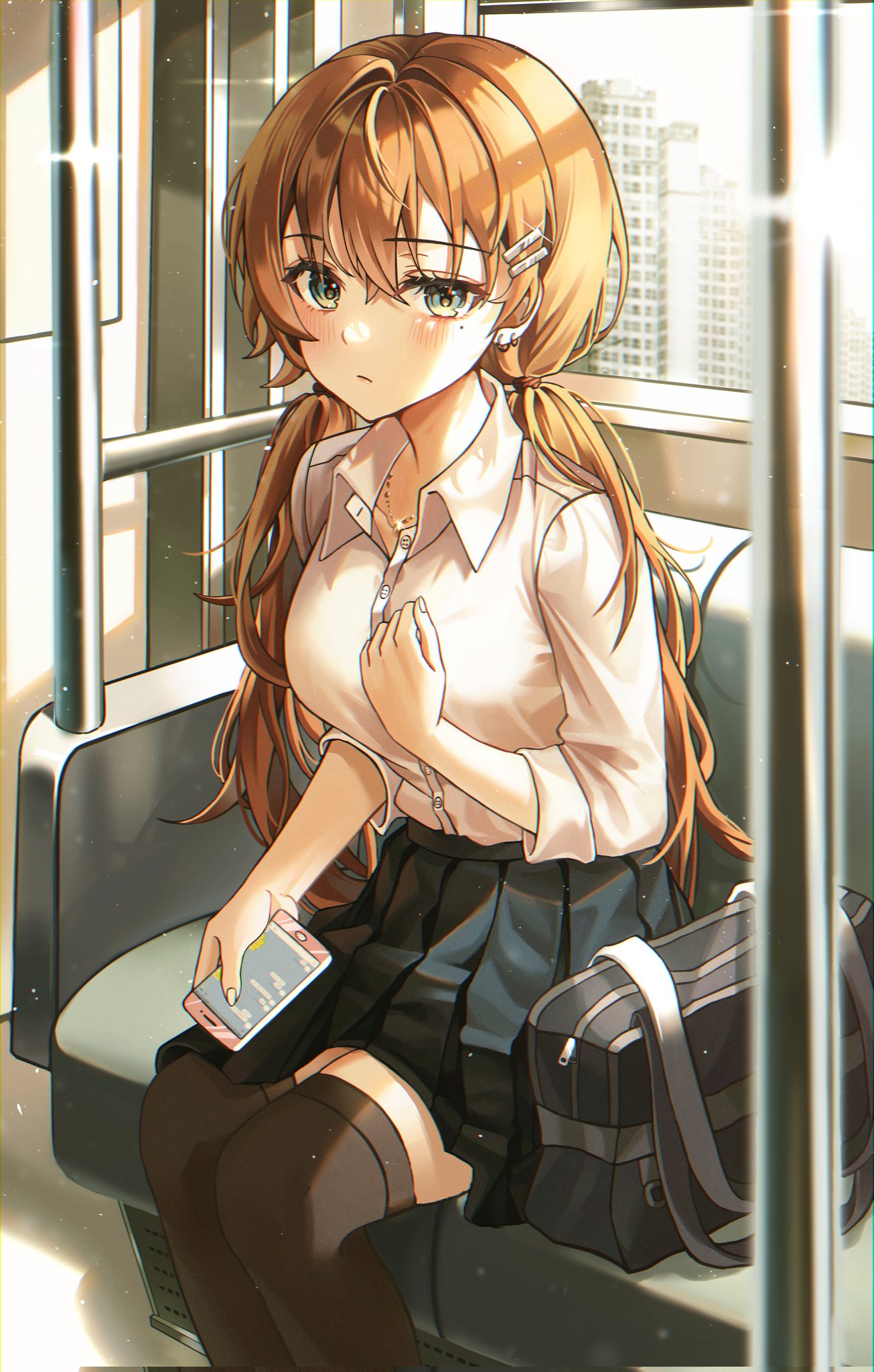 1girl bag bangs bench black_bag black_thighhighs blue_skirt blush brown_hair closed_mouth collared_shirt expressionless green_eyes ground_vehicle hair_between_eyes hair_ornament hairclip hand_up haru_08 highres holding holding_phone long_hair long_sleeves looking_at_viewer mole mole_under_eye original phone pleated_skirt school_bag shirt sitting skirt solo thighhighs train train_interior twintails white_shirt window zettai_ryouiki