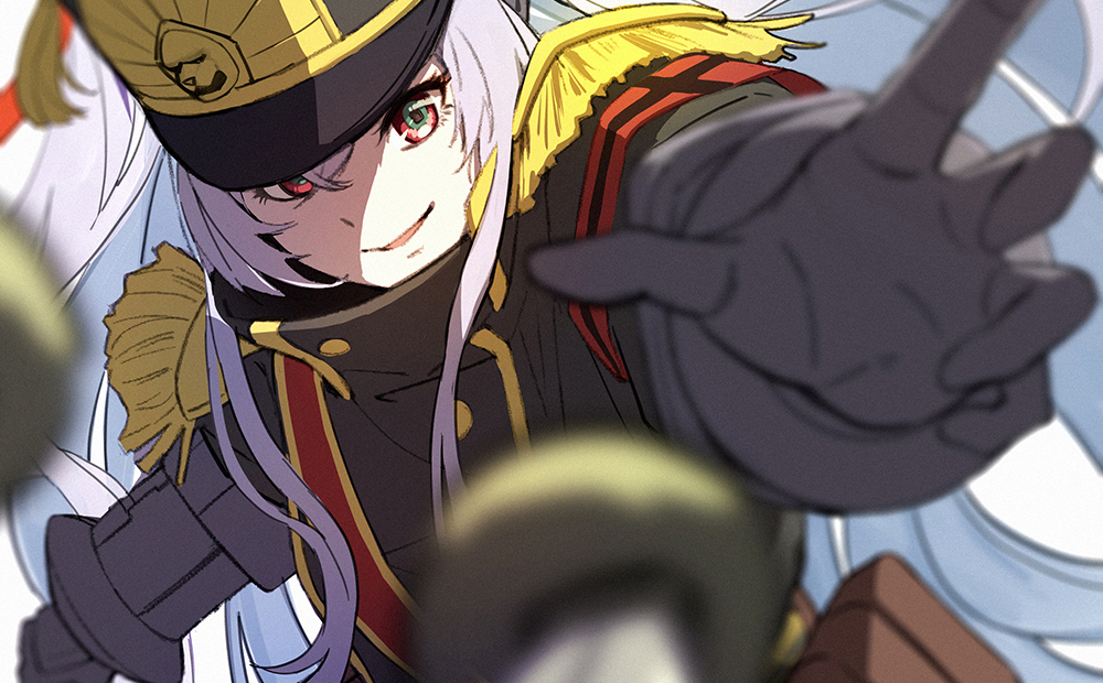 1girl :d altair_(re:creators) armband black_headwear blurry blurry_foreground c-eye floating_hair gloves grey_gloves grey_hair hair_between_eyes hat long_hair military military_uniform re:creators red_eyes smile solo uniform upper_body very_long_hair