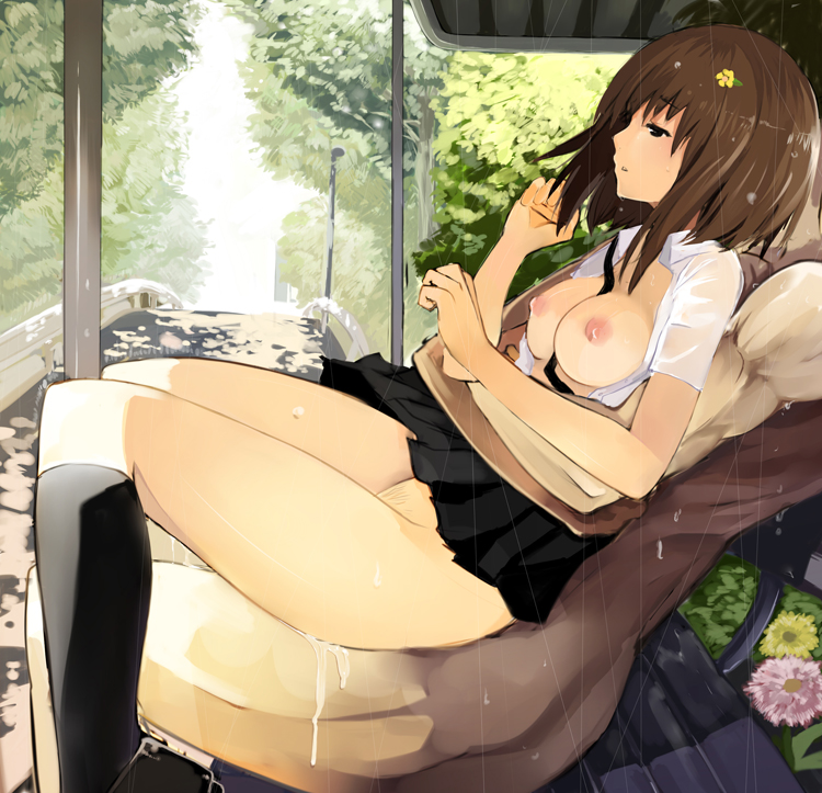 bad_id bad_pixiv_id bench black_eyes breasts brown_hair cum day girl_on_top hug hug_from_behind medium_breasts nauribon nipples no_bra no_panties open_clothes open_shirt original outdoors public rain sex shirt solo_focus straddling upright_straddle wet