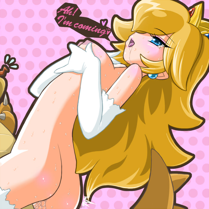 1girl aoba_(aunana) ass bestiality blonde_hair blue_eyes blush bowser breasts cowgirl_position crown drooling dutch_angle earrings elbow_gloves english girl_on_top gloves hetero jewelry lipstick long_hair makeup mario_(series) medium_breasts nipples nude open_mouth princess_peach pussy_juice saliva sex straddling super_mario_bros. sweat thighhighs vaginal