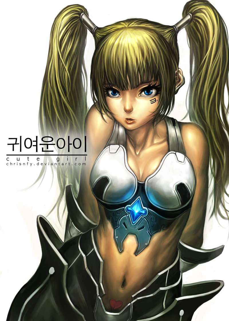 armor blonde_hair blue_eyes chrisnfy85 copyright_request heart korean navel pubic_hair solo twintails