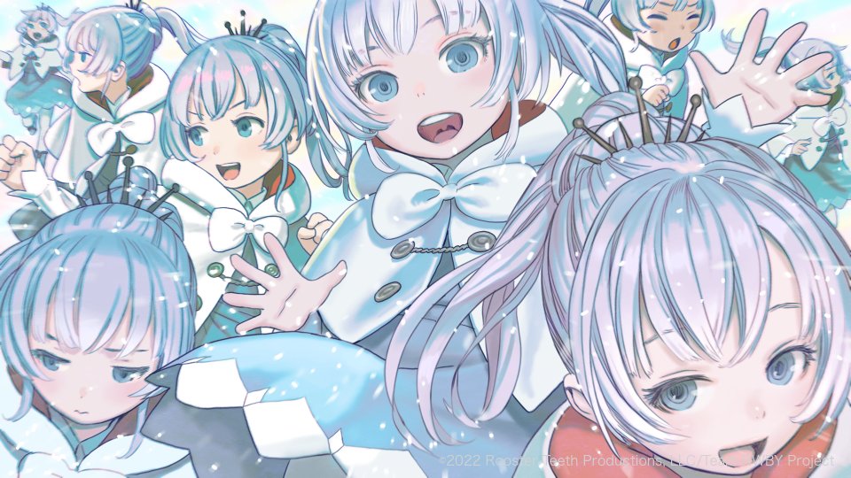 6+girls blue_eyes blush capelet end_card english_text happy long_hair multiple_girls multiple_persona murata_range official_art rwby rwby_ice_queendom sad snowing weiss_schnee white_hair younger