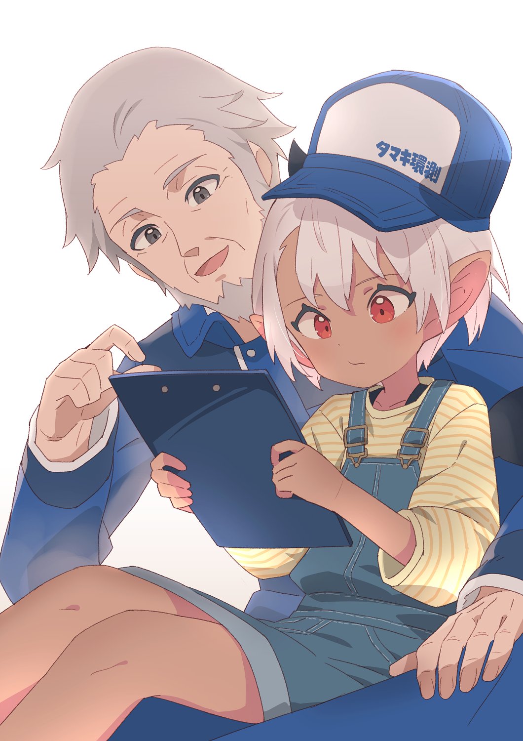 1boy 1girl :d bangs baseball_cap black_wings blue_headwear blue_jacket blue_pants clipboard closed_mouth commentary_request dark-skinned_female dark_skin demon_girl demon_horns demon_wings grey_eyes grey_hair hair_between_eyes hat highres holding horns jacket long_sleeves narumi_arata old old_man original overall_skirt pants pointing pointy_ears puffy_long_sleeves puffy_sleeves red_eyes shirt simple_background sitting smile striped striped_shirt white_background wings yellow_shirt