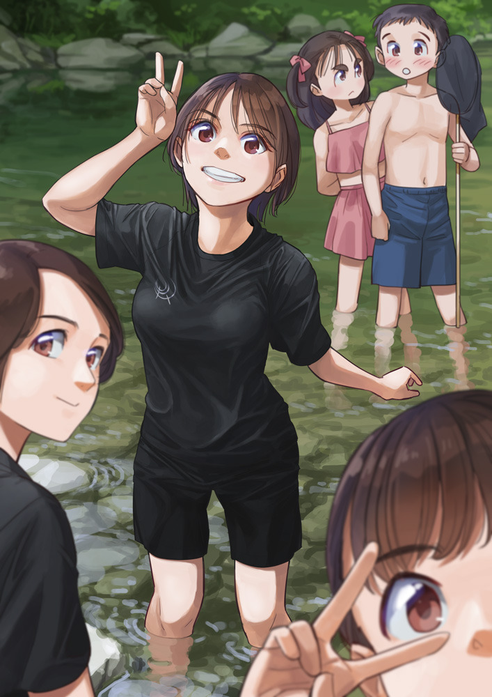 1boy 4girls bikini black_hair black_shirt black_shorts blue_male_swimwear breasts brown_eyes brown_hair butterfly_net child closed_mouth commentary_request female_child hand_net holding holding_butterfly_net male_child male_swimwear multiple_girls original otsu_natsu outdoors pink_bikini scenery shirt short_hair shorts smile standing swimsuit teeth topless_male v wading water wet wet_clothes