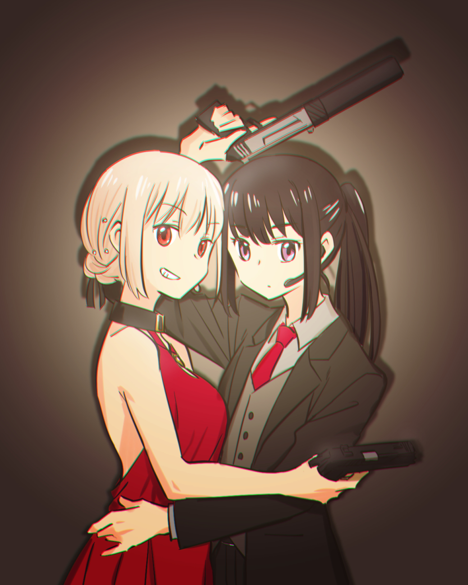 2girls black_choker black_hair black_ribbon blonde_hair choker dress earpiece english_commentary formal grin gun hair_ribbon highres holding holding_gun holding_weapon inoue_takina long_hair looking_at_viewer lycoris_recoil mukiki multiple_girls necktie nishikigi_chisato ponytail purple_eyes red_dress red_eyes red_necktie ribbon short_hair smile suit weapon