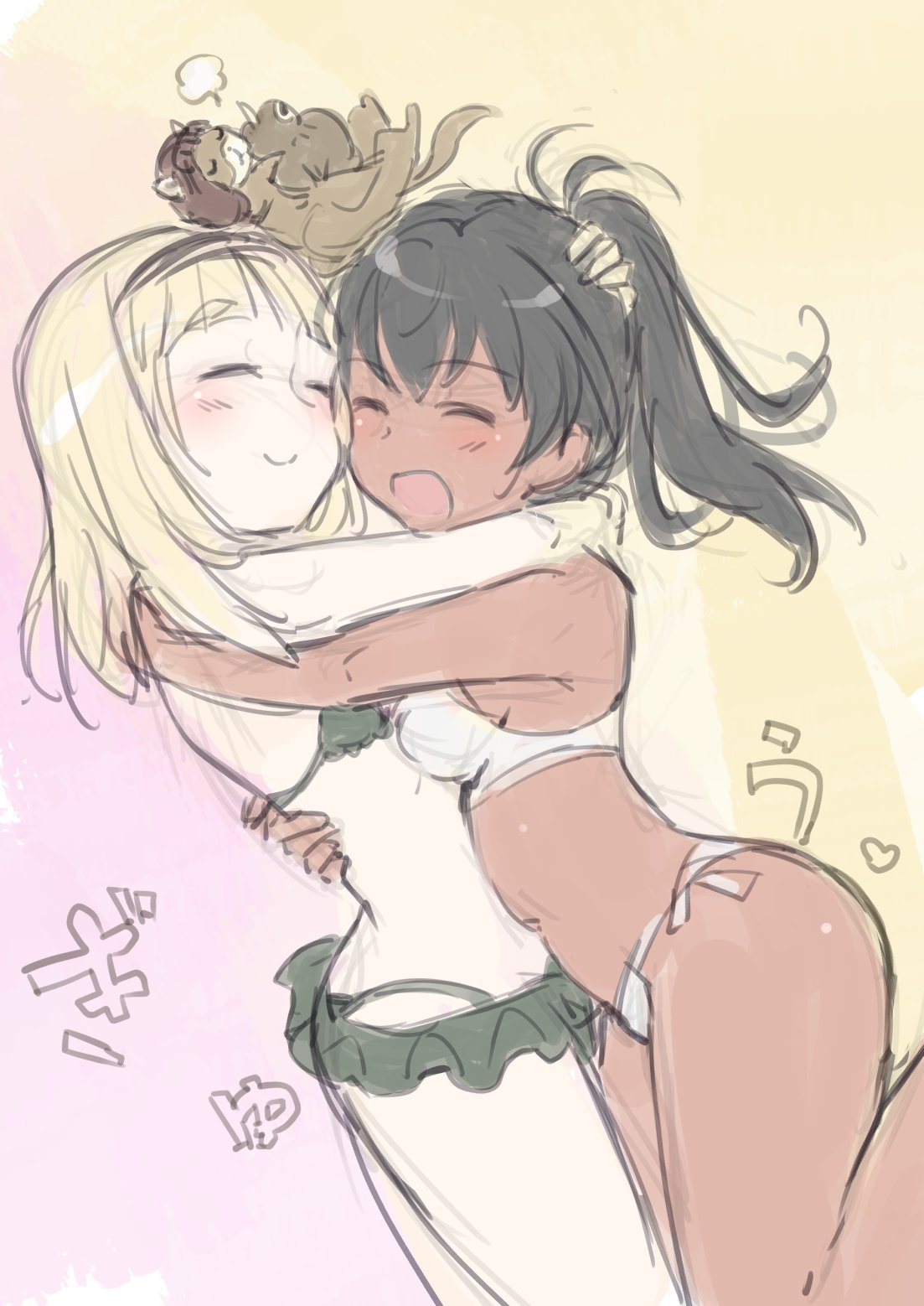 2girls aohashi_ame bikini bikini_skirt bird black_hair blonde_hair blush breasts closed_eyes closed_mouth flying_squirrel green_bikini hairband highres hug kiwi_(bird) luminous_witches manaia_matawhaura_hato maria_magdalena_dietrich multiple_girls open_mouth shiny shiny_hair short_hair sketch small_breasts smile squirrel swimsuit white_bikini world_witches_series yuri