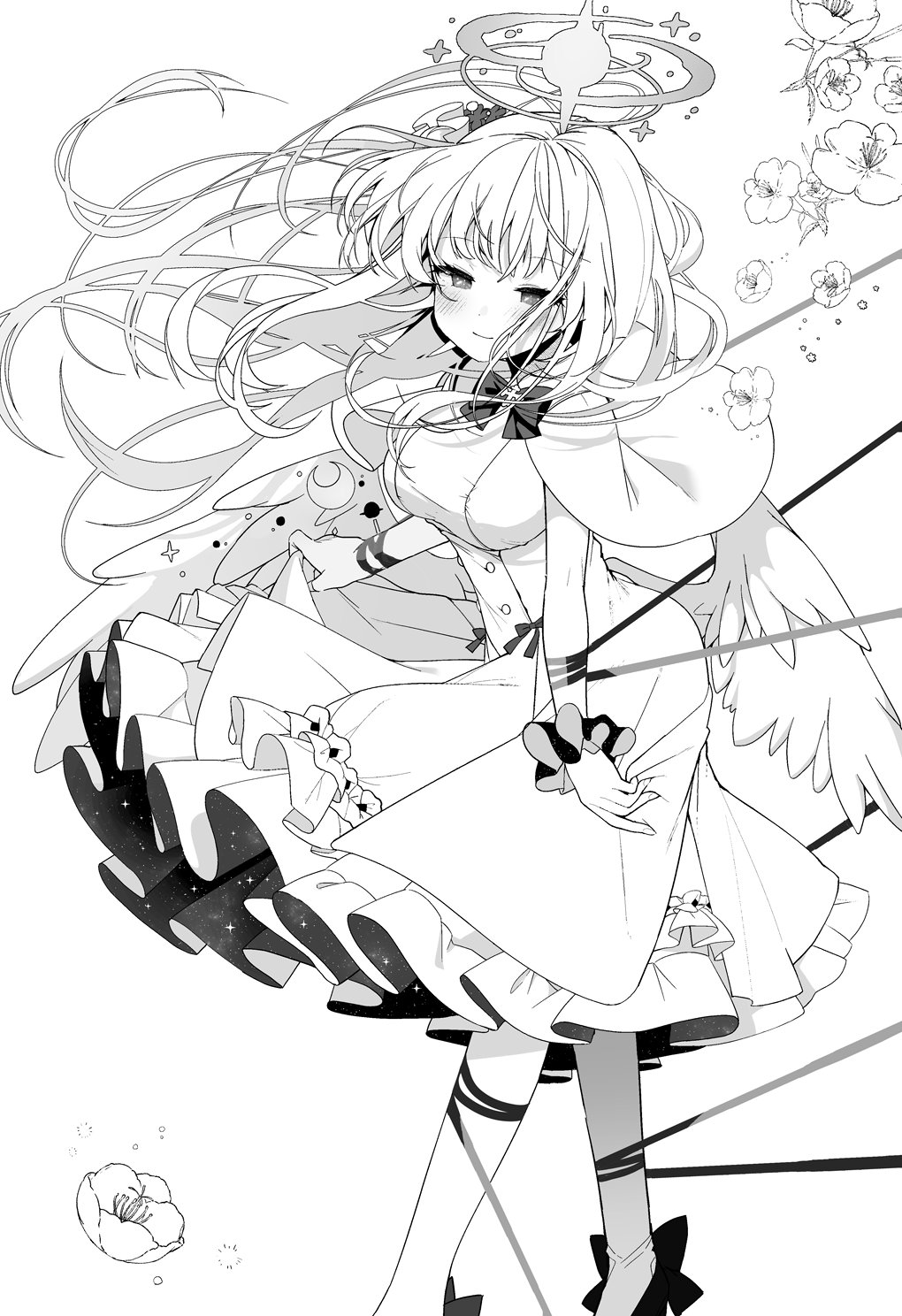 1girl blue_archive blush breasts capelet closed_mouth commentary_request dress feathered_wings floral_background frilled_dress frills greyscale half-closed_eyes halo highres long_hair looking_at_viewer low_wings medium_breasts mika_(blue_archive) monochrome shiika_yuno shoes simple_background smile solo standing very_long_hair white_background wings wrist_cuffs