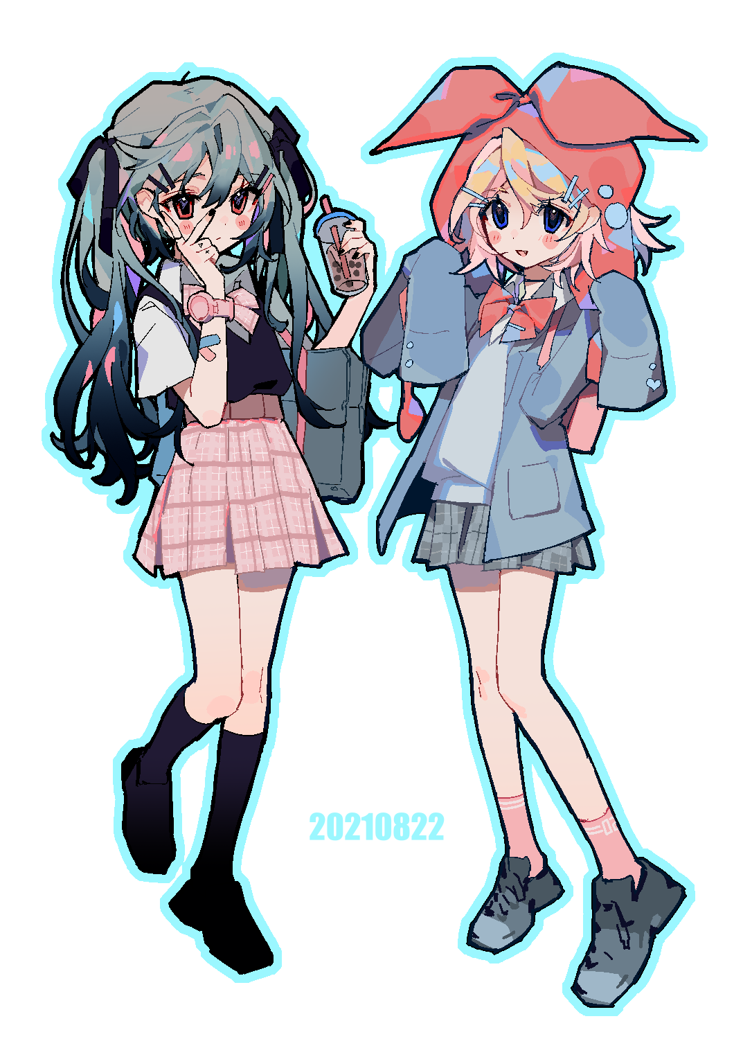 2girls alternate_eye_color bangs black_footwear black_socks black_vest blonde_hair blue_eyes blue_jacket blue_outline bow choker closed_mouth collared_shirt dated detached_hood fang flat_chest full_body green_hair grey_footwear grey_skirt grey_sweater_vest hair_ornament hairclip hatsune_miku heart highres hood jacket kagamine_rin long_hair long_sleeves medium_hair miniskirt multiple_girls neck_ribbon open_clothes open_jacket open_mouth outline pink_ribbon pink_skirt pink_socks plaid plaid_ribbon plaid_skirt red_bow red_eyes red_hood red_ribbon ribbon school_uniform shirt shoes short_sleeves simple_background skirt sleeves_past_fingers sleeves_past_wrists smile socks sweater_vest transparent_background vest vocaloid watch white_shirt wristwatch xiangbuqimimaderen