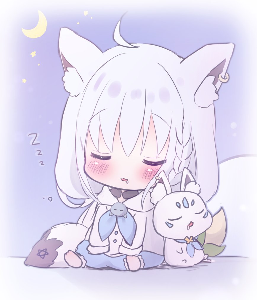 1girl ahoge animal_ear_fluff animal_ears baby barefoot blue_pants blush closed_eyes crescent_moon drooling fox fox_ears fox_girl fox_tail hanasakichu hololive long_hair moon night night_sky open_mouth pants saliva shirakami_fubuki shirt sitting sky sleeping star_(sky) tail virtual_youtuber white_hair white_shirt younger