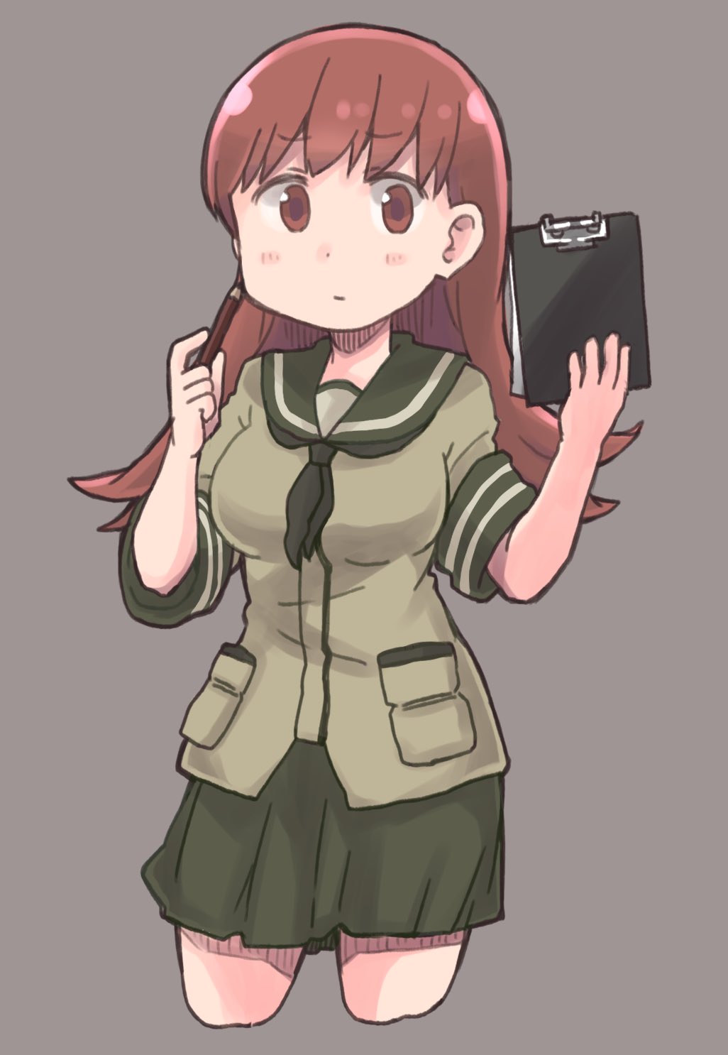 1girl bangs black_neckerchief breasts brown_eyes brown_hair clipboard closed_mouth cropped_legs es_(eisis) green_sailor_collar green_skirt grey_background highres holding holding_clipboard holding_pencil kantai_collection long_hair medium_breasts neckerchief ooi_(kancolle) pencil sailor_collar school_uniform serafuku short_sleeves simple_background skirt solo