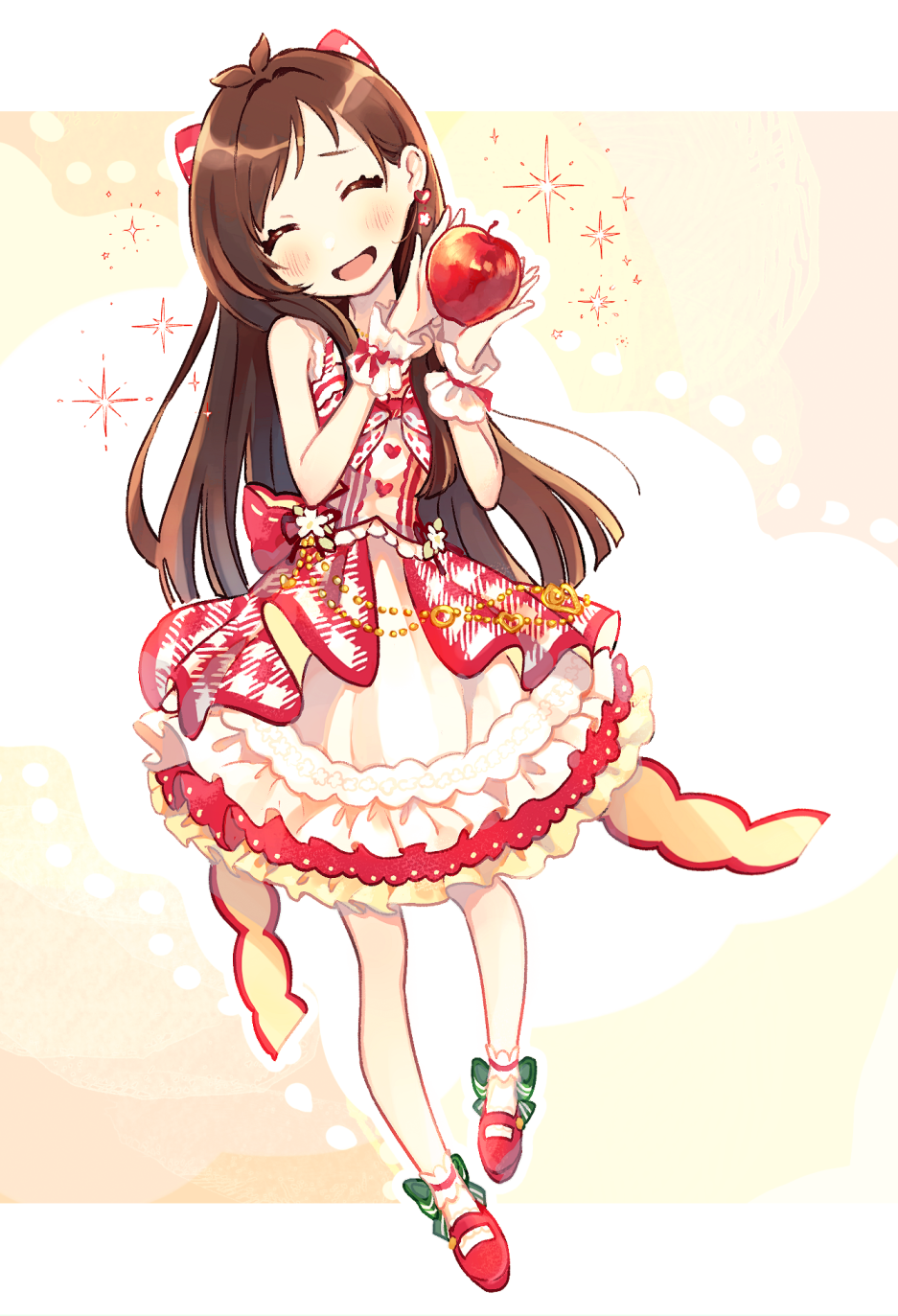 1girl :d ahoge ankle_strap apple back_bow bangs blunt_ends blush bow brown_hair buttons closed_eyes dress food frilled_dress frills fruit hair_bow heart_button highres holding holding_food holding_fruit idolmaster idolmaster_cinderella_girls idolmaster_cinderella_girls_starlight_stage layered_dress long_hair mameyanagi open_mouth short_bangs smile socks solo sparkle tsujino_akari very_long_hair wrist_cuffs