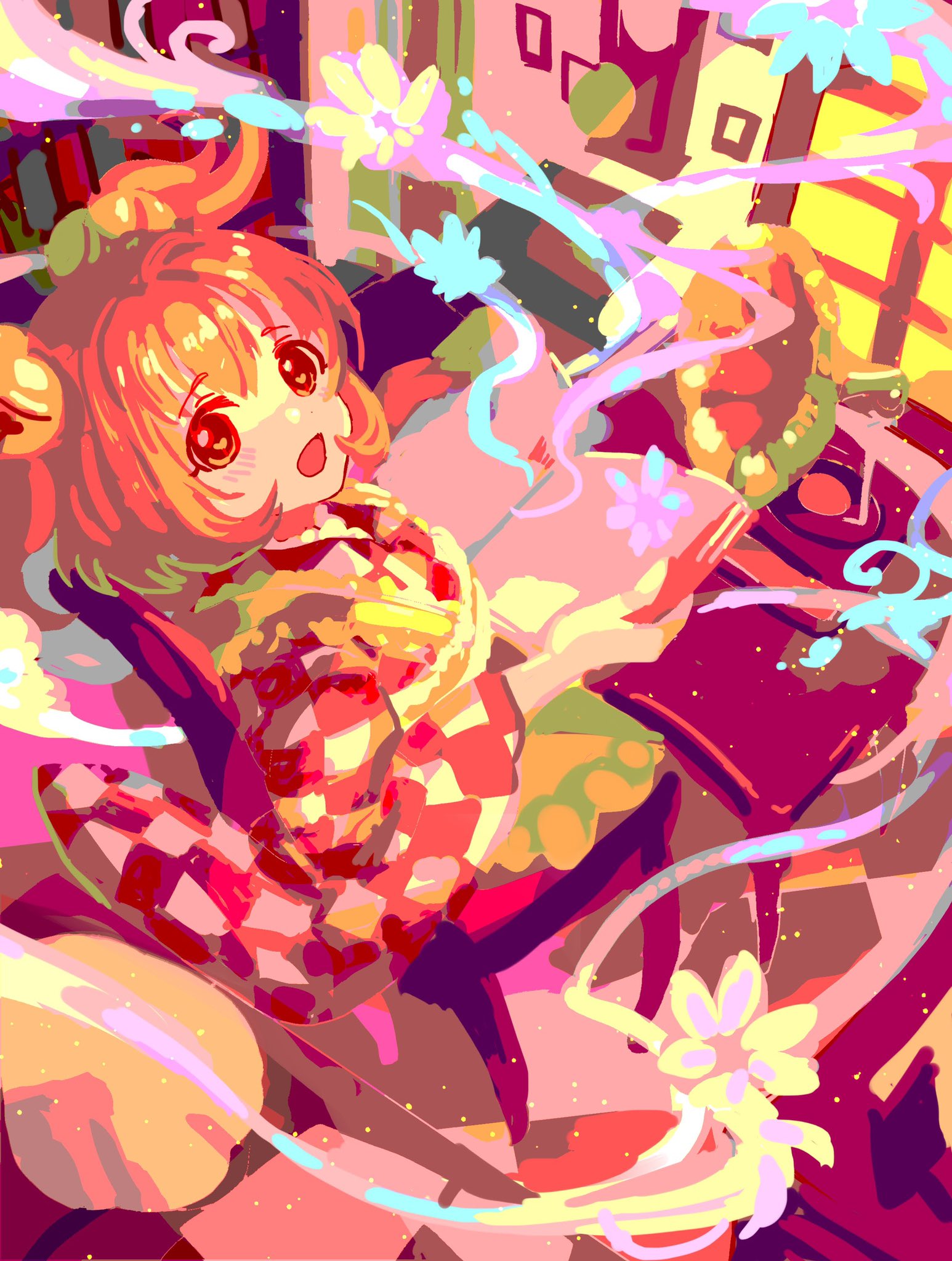 1girl aura bell book checkered_clothes checkered_kimono commentary_request highres holding holding_book japanese_clothes jingle_bell kimono kotonoman long_sleeves looking_at_viewer motoori_kosuzu one-hour_drawing_challenge open_mouth orange_hair phonograph red_hair short_hair sitting touhou twintails two_side_up wide_sleeves