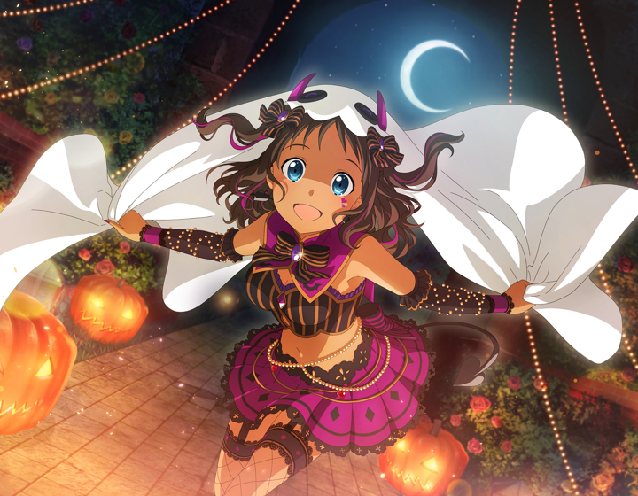 1girl :d alternate_skin_color black_sleeves blue_eyes bow breasts brown_hair cleavage crescent_moon crop_top dark-skinned_female dark_skin detached_sleeves fishnet_thighhighs fishnets floating_hair frilled_sleeves frills game_cg garter_straps hair_bow halloween halloween_costume leaning_forward long_hair looking_at_viewer medium_breasts midriff miniskirt moon navel night outdoors pleated_skirt red_skirt ronye_arabel skirt sky smile solo star_(sky) starry_sky stomach striped striped_bow sword_art_online thighhighs two_side_up zettai_ryouiki