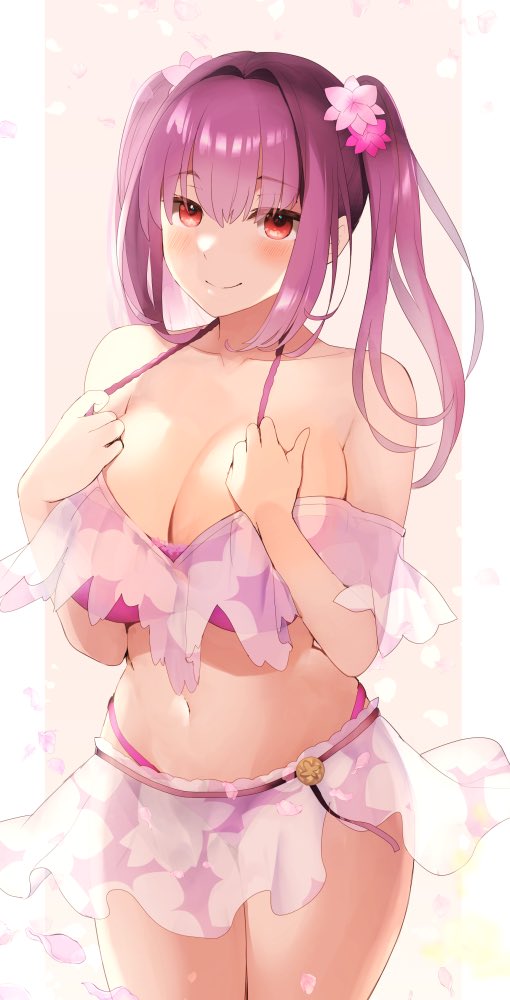 1girl bikini breasts cleavage fate/grand_order fate_(series) flower frilled_bikini frills hair_flower hair_ornament hands_on_own_chest kujiran large_breasts looking_at_viewer midriff off-shoulder_bikini off_shoulder petals purple_swimsuit red_eyes scathach_skadi_(swimsuit_ruler)_(fate) smile solo swimsuit twintails