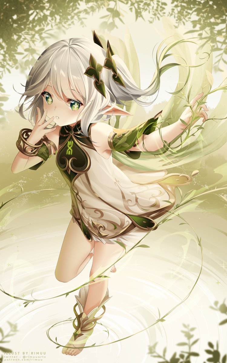 1girl bangs bracelet cape cross-shaped_pupils detached_sleeves dress female_child genshin_impact gradient_hair green_cape green_eyes green_hair green_sleeves highres jewelry long_hair multicolored_hair nahida_(genshin_impact) open_mouth plant pointy_ears rimuu side_ponytail solo vines white_dress white_footwear white_hair