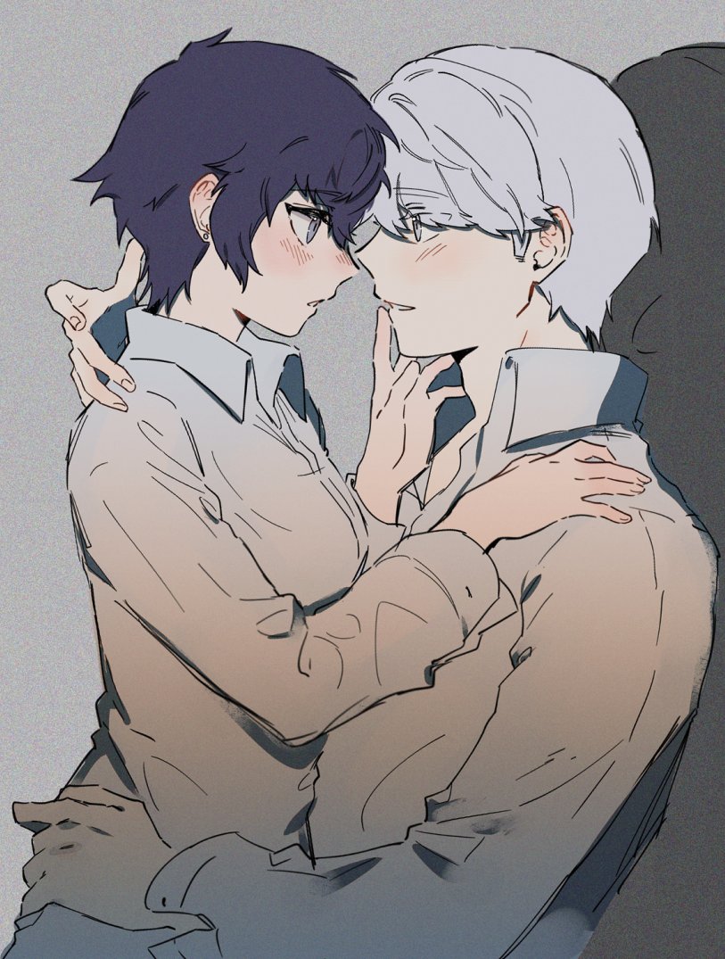 1boy 1girl bangs blue_hair blush breasts collared_shirt commentary_request couple from_side grey_background grey_shirt hand_on_another's_face hand_on_another's_hip hand_on_another's_shoulder hetero high_collar hug korean_commentary long_sleeves medium_breasts narukami_yuu noses_touching persona persona_4 profile rao_per_mitsuru shirogane_naoto shirt short_hair sitting sitting_on_lap sitting_on_person white_hair white_shirt