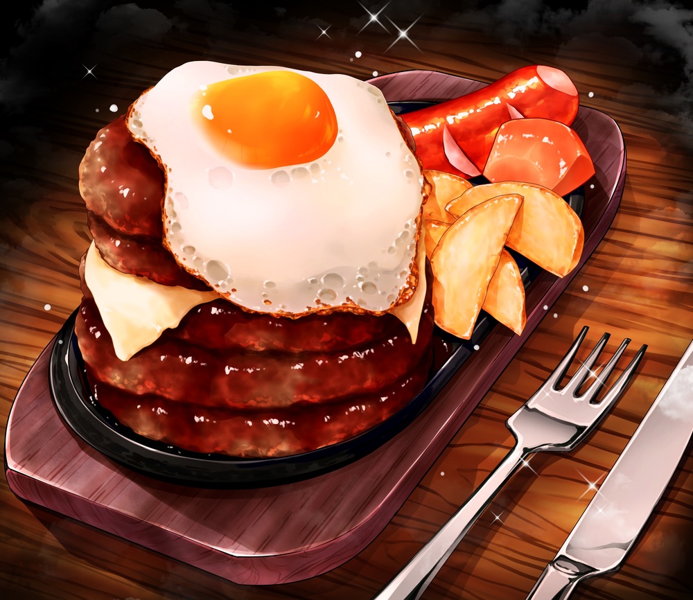 burger cheese chips close-up egg_(food) food food_focus fork knife no_humans ooranokohaku original plate potato_chips sausage sparkling_eyes tray wooden_table