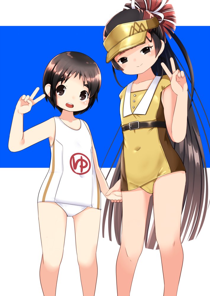 2girls black_eyes black_hair brown_eyes brown_hair casual_one-piece_swimsuit covered_navel feet_out_of_frame flat_chest gradient_hair kantai_collection long_hair maru-yu_(kancolle) multicolored_hair multiple_girls nassukun official_alternate_costume one-piece_swimsuit ponytail school_swimsuit short_hair standing swimsuit thick_eyebrows v visor_cap white_swimsuit yamashio_maru_(kancolle) yellow_headwear yellow_swimsuit