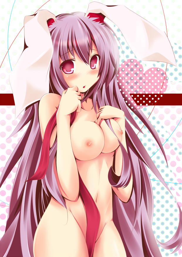 animal_ears bad_id bad_pixiv_id blush breasts bunny_ears censored convenient_censoring groin heart jimo large_breasts long_hair navel necktie nipples nude purple_hair red_eyes red_neckwear reisen_udongein_inaba solo touhou very_long_hair