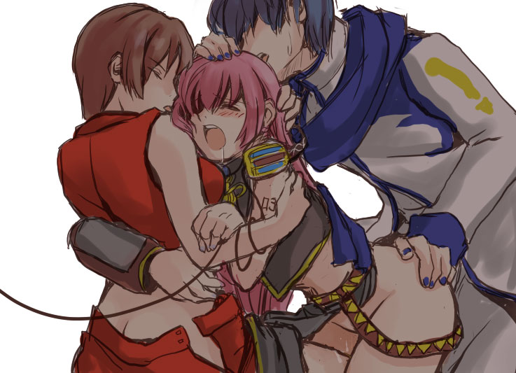 2girls bad_id bad_pixiv_id bisexual_(female) blue_hair blush brown_hair butt_crack closed_eyes doggystyle ffm_threesome group_sex hand_on_another's_head hetero hug kaito long_hair megurine_luka meiko mizunoto+ multiple_girls nail_polish no_panties open_mouth pink_hair saliva sex short_hair simple_background threesome tongue vocaloid