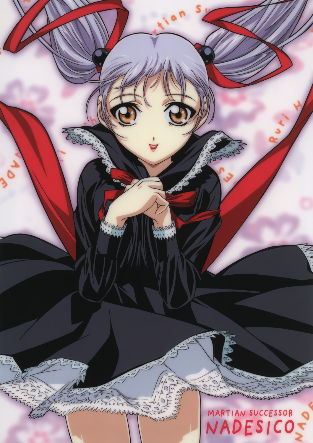 1990s_(style) 1girl black_dress character_name copyright_name cowboy_shot dress floating_hair gotou_keiji grey_hair hair_bobbles hair_ornament hair_ribbon highres hoshino_ruri kidou_senkan_nadesico long_hair long_sleeves looking_at_viewer non-web_source official_art orange_eyes own_hands_together petticoat retro_artstyle ribbon solo twintails wind wind_lift