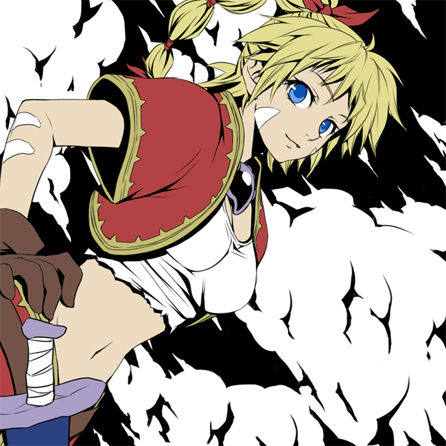1girl bangs bead_necklace beads belt blonde_hair blue_eyes body_markings breasts brown_gloves chrono_cross cleavage cowboy_shot crop_top cropped_jacket dagger facial_mark gloves hair_ribbon hand_on_hip jacket jewelry kid_(chrono_cross) knife long_hair looking_at_viewer medium_breasts midriff multi-tied_hair necklace oto_nagi outdoors ponytail red_jacket red_ribbon red_skirt ribbon shirt short_sleeves skirt smile solo weapon white_shirt
