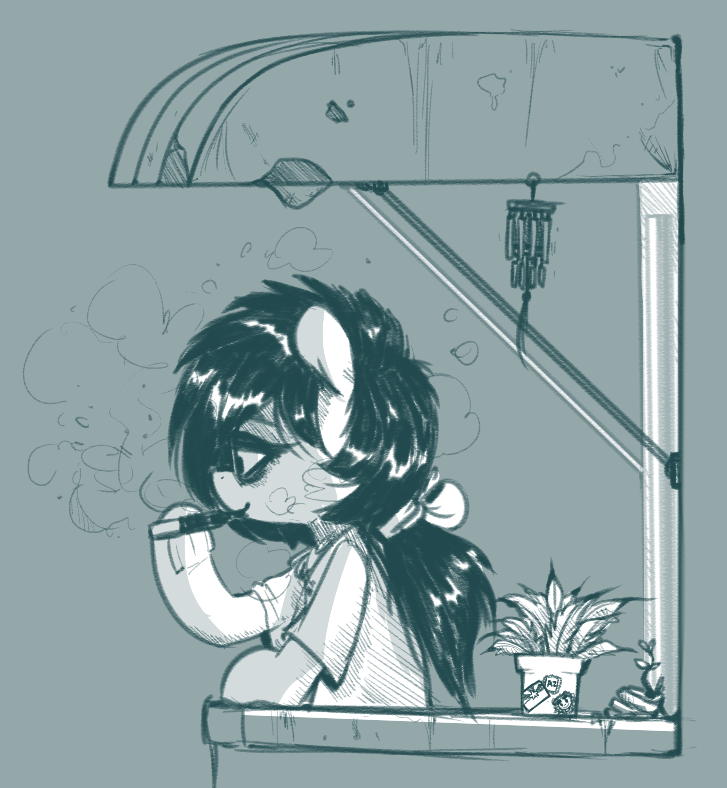 accessory bow_(disambiguation) earth_pony equid equine fan_character hair hair_accessory hairband hasbro horse mammal mcsweezy monochrome my_little_pony plant plant_pot pony ponytail pot_(disambiguation) potted_plant replica_(oc) semi-anthro smoke vape vape_pen wind_chime