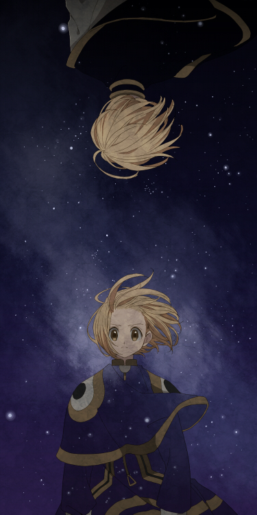 16_ban 2boys bangs blonde_hair blue_capelet blue_tunic brown_eyes capelet child dual_persona facing_away floating_hair hunter_x_hunter kurapika light_particles long_sleeves looking_at_viewer male_child male_focus multiple_boys night night_sky shirt short_hair sky star_(sky) starry_sky straight-on upside-down white_shirt wind younger