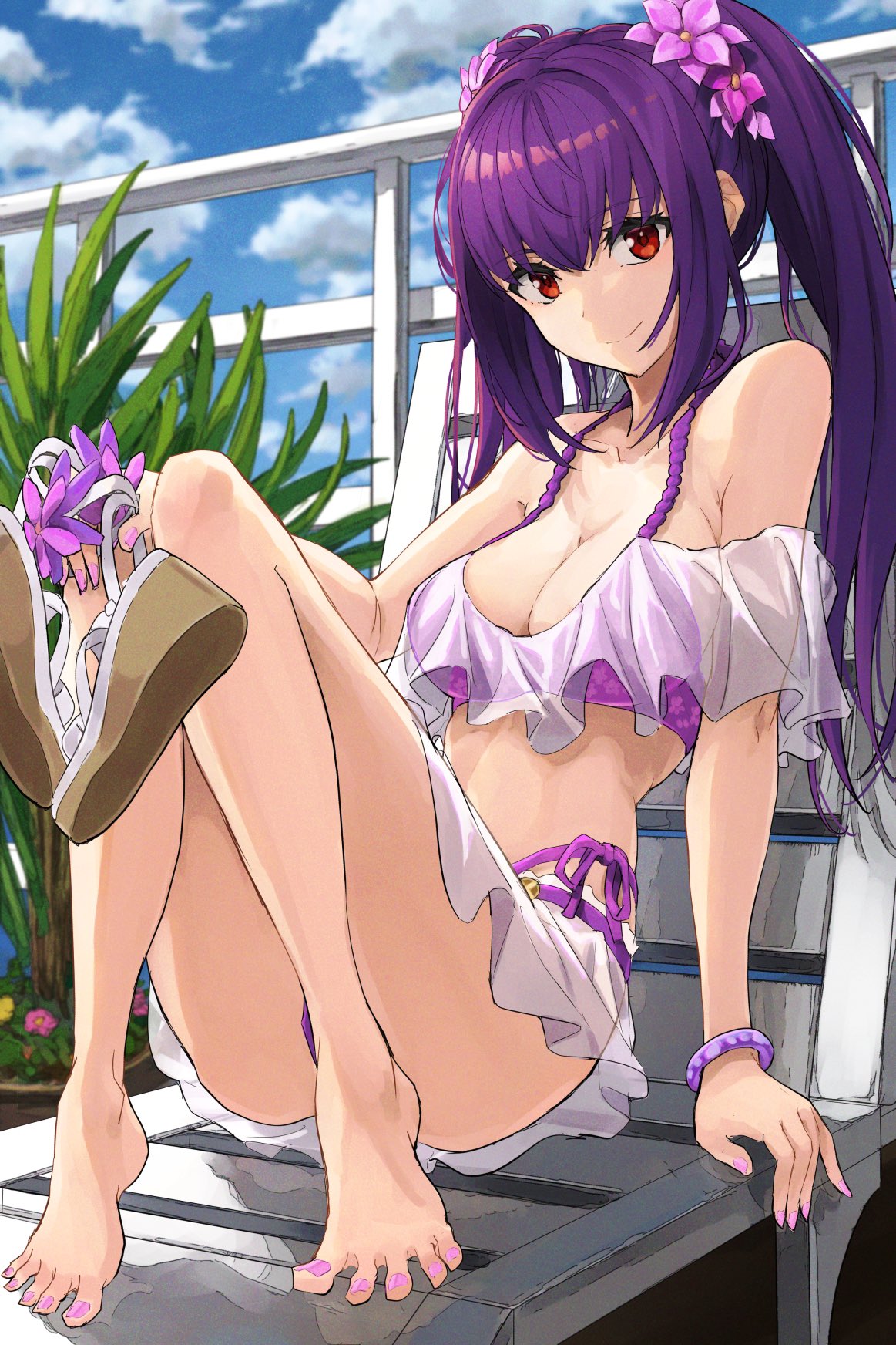 1girl barefoot bikini blue_sky bracelet breasts cleavage deck_chair fate/grand_order fate_(series) flower hair_flower hair_ornament highres jewelry kamo_ashi large_breasts looking_at_viewer nail_polish off-shoulder_bikini off_shoulder outdoors plant potted_plant purple_bikini purple_swimsuit sandals sandals_removed scathach_skadi_(swimsuit_ruler)_(fate) sky smile solo swimsuit twintails