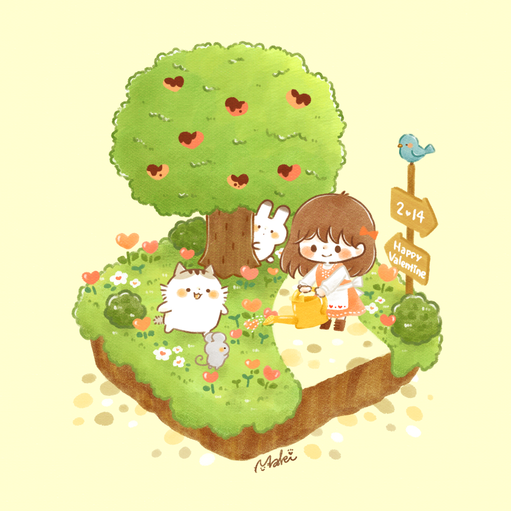 1girl animal apron bangs blush_stickers boots bow brown_hair cat chara_chara_makiato chibi diorama direction_board dress grass hair_bow happy_valentine heart holding holding_watering_can long_hair mouse original path pinafore_dress rabbit sign signpost smile tree watering_can