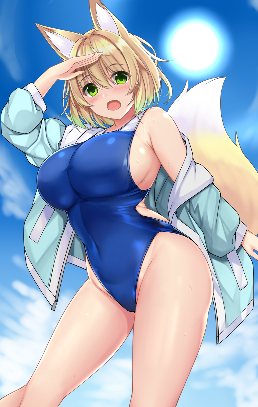 2022 animal_humanoid big_breasts blonde_hair blush bodily_fluids breasts canid canid_humanoid canine canine_humanoid clothed clothing female fox_humanoid green_eyes hair hi_res humanoid jacket mammal mammal_humanoid one-piece_swimsuit sogaya solo sweat swimwear topwear