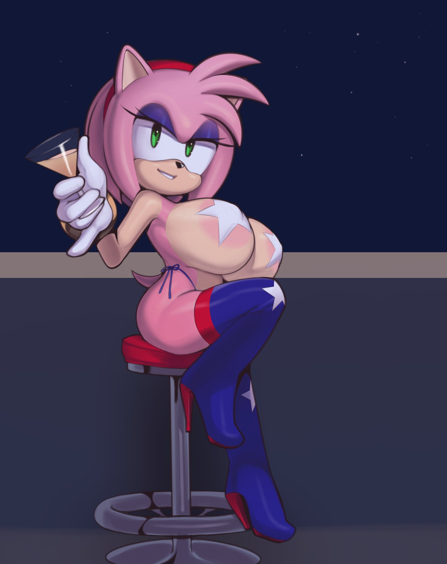 accessory amy_rose anthro areola big_breasts bracelet breasts butt clothing eulipotyphlan female furniture gloves green_eyes hair hair_accessory hairband handwear hedgehog hi_res high_heels_leggings huge_breasts jewelry looking_at_viewer mammal multicolored_body pasties pink_areola pink_hair plantpenetrator sega short_stack sitting smile solo sonic_the_hedgehog_(series) stool thong two_tone_body underwear
