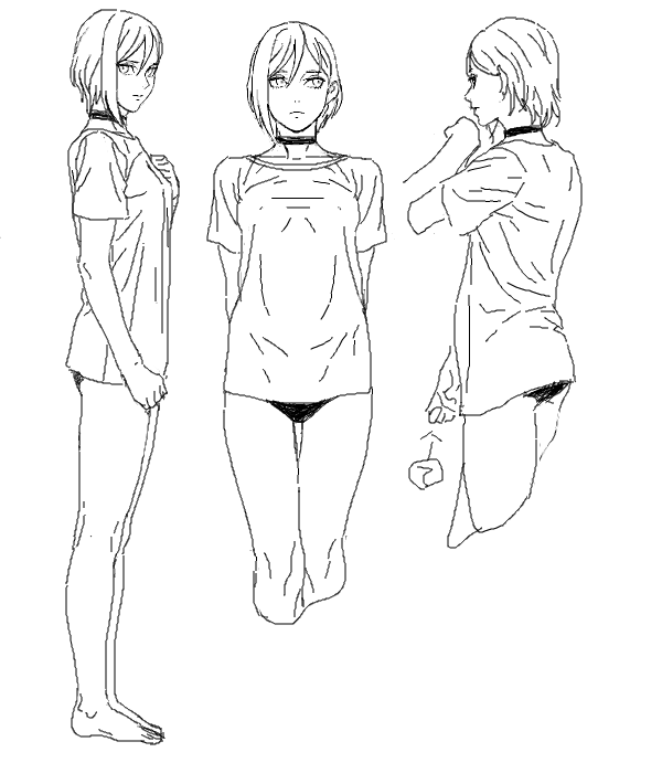 3girls arm_up barefoot choker cosmic_bear facing_away from_behind from_side full_body greyscale hair_behind_ear lineart looking_at_viewer looking_to_the_side monochrome multiple_girls multiple_views no_pants original panties shirt short_hair short_sleeves t-shirt underwear