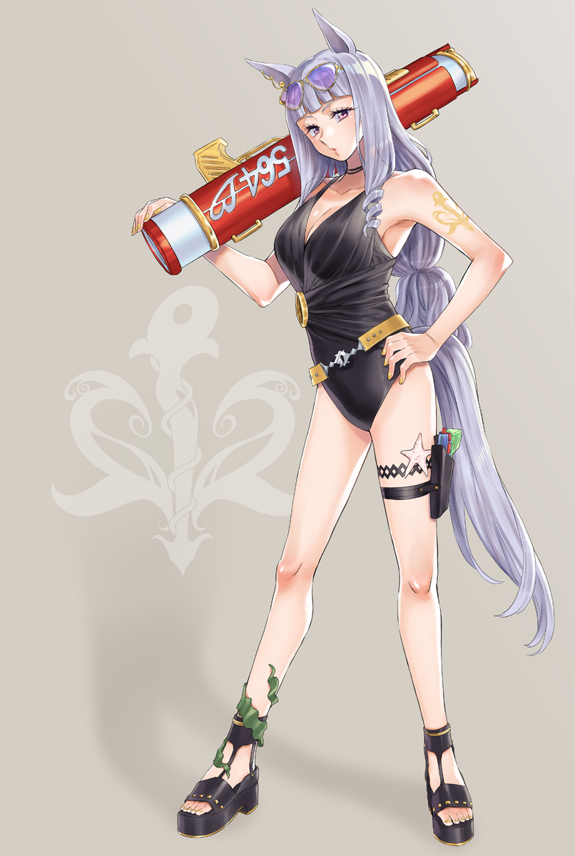 1girl animal_ears bangs bare_shoulders belt black_swimsuit blunt_bangs commentary_request eyewear_on_head full_body gold_ship_(run_revolt_launcher)_(umamusume) gold_ship_(umamusume) grey_hair hand_on_hip highres holster holstered_weapon horse_ears horse_girl horse_tail looking_at_viewer one-piece_swimsuit purple_eyes solo sunglasses swimsuit tail takanashi_ringo tattoo thigh_holster toeless_footwear umamusume water_gun yellow_nails
