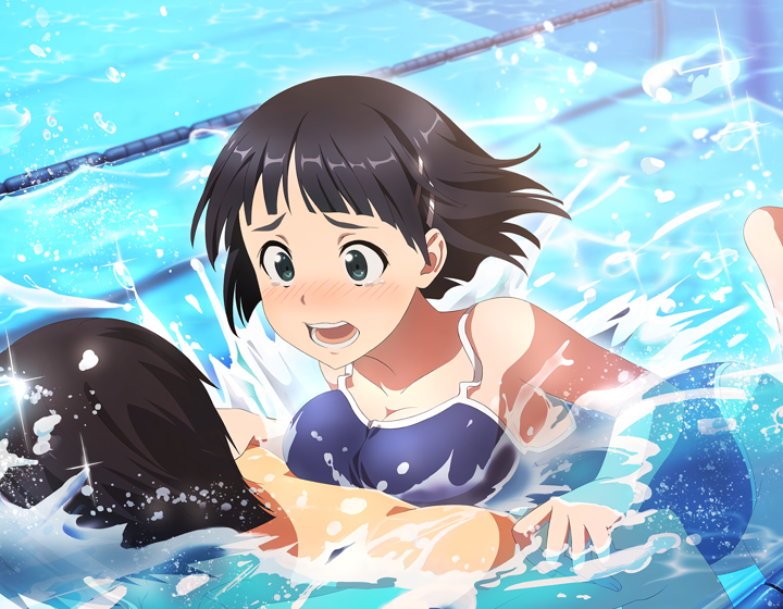 1boy 1girl bare_arms black_eyes black_hair blue_swimsuit blush breast_press breasts cleavage collarbone embarrassed floating_hair game_cg hair_ornament hairclip kirigaya_suguha kirito large_breasts open_mouth pool school_swimsuit shiny shiny_hair short_hair sparkle swimsuit sword_art_online