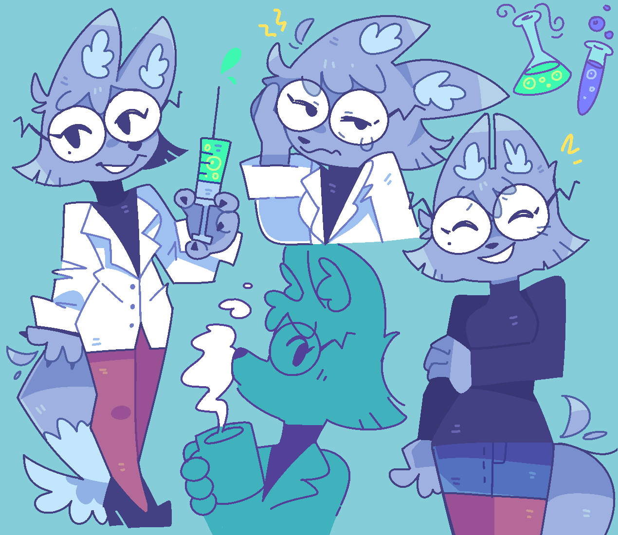 2022 anthro beauty_mark beverage canid canine clothing coat coffee eyewear female footwear fox glasses graskip grey_hair hair high_heels lab_coat legwear mammal markings mole_(marking) pantyhose science scientist solo syringe topwear turtleneck