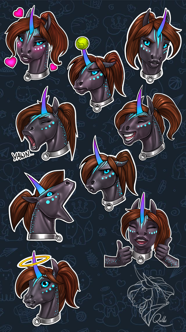 &lt;3 ball blue_eyes blush brown_hair collar equid equine frown gesture hair halo horn mammal open_mouth ponytail quillu quillu_(character) smile stickers telegram telegram_stickers tennis_ball thumbs_up unicorn yawn