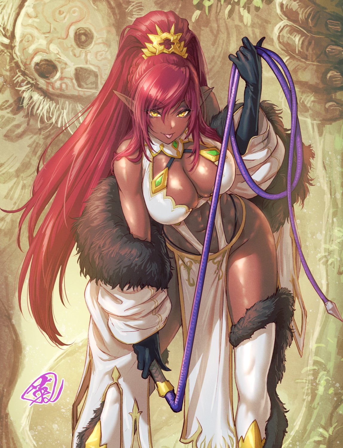 1girl bent_over black_gloves breasts cleavage_cutout clothing_cutout dark-skinned_female dark_elf dark_skin dress elbow_gloves elf fujii_eishun fur_trim gloves highres large_breasts leaning_forward looking_at_viewer monkey original pointy_ears red_hair thighs tongue tongue_out whip yellow_eyes