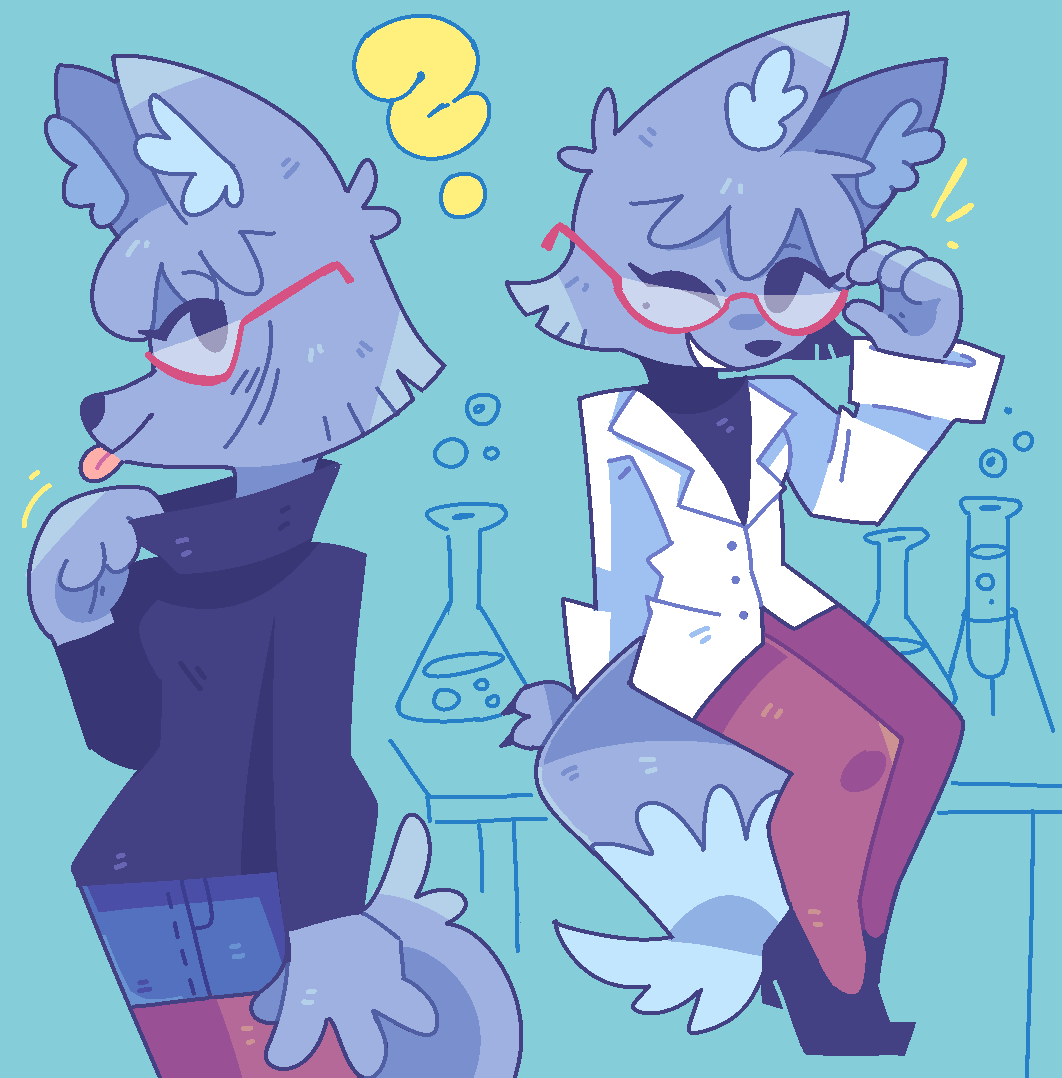 2022 anthro blep canid canine clothing coat dipstick_tail eyewear female footwear fox fur glasses graskip grey_body grey_fur high_heels lab_coat legwear mammal markings pantyhose science scientist solo tail_markings tongue tongue_out topwear turtleneck