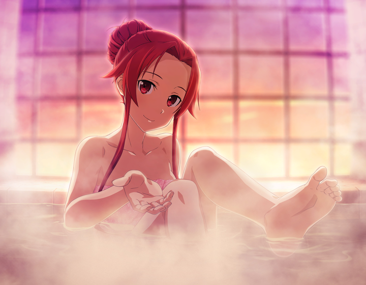 1girl animal_ears bare_legs bare_shoulders barefoot bathing bear_ears closed_mouth collarbone hair_intakes looking_at_viewer naked_towel partially_submerged red_eyes red_hair short_hair_with_long_locks sidelocks smile soles solo steam sword_art_online tiese_schtrinen towel