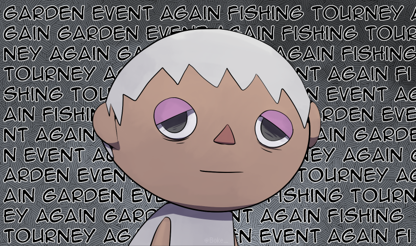 1boy animal_crossing artist_name bags_under_eyes bangs black_eyes boke-chan closed_mouth commentary_request dark-skinned_male dark_skin english_commentary english_text exhausted grey_background grey_hair grey_shirt half-closed_eyes male_focus mixed-language_commentary partial_commentary shirt short_hair sleeveless sleeveless_shirt solo text_background text_focus twitter_username upper_body villager_(animal_crossing) watermark