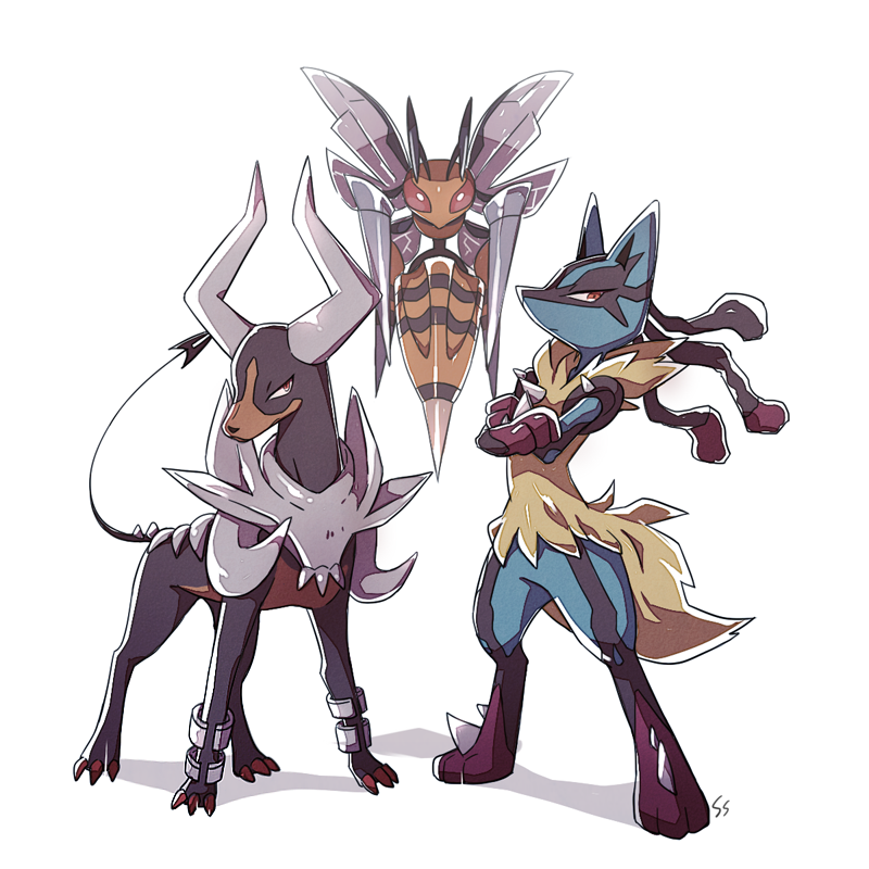 beedrill bright_pupils claws closed_mouth commentary crossed_arms furry houndoom lucario mega_beedrill mega_houndoom mega_lucario mega_pokemon pokemon pokemon_(creature) red_eyes ssalbulre standing white_background white_pupils