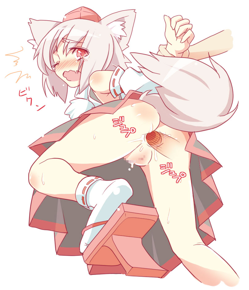 anal animal_ears anus arm_grab arm_held_back blush censored detached_sleeves doggystyle from_behind geta hat inubashiri_momiji invisible_penis legs no_panties open_mouth pussy red_eyes sex short_hair silver_hair solo soratobu_zippo sweat tail tengu-geta tokin_hat touhou wince wolf_ears wolf_tail